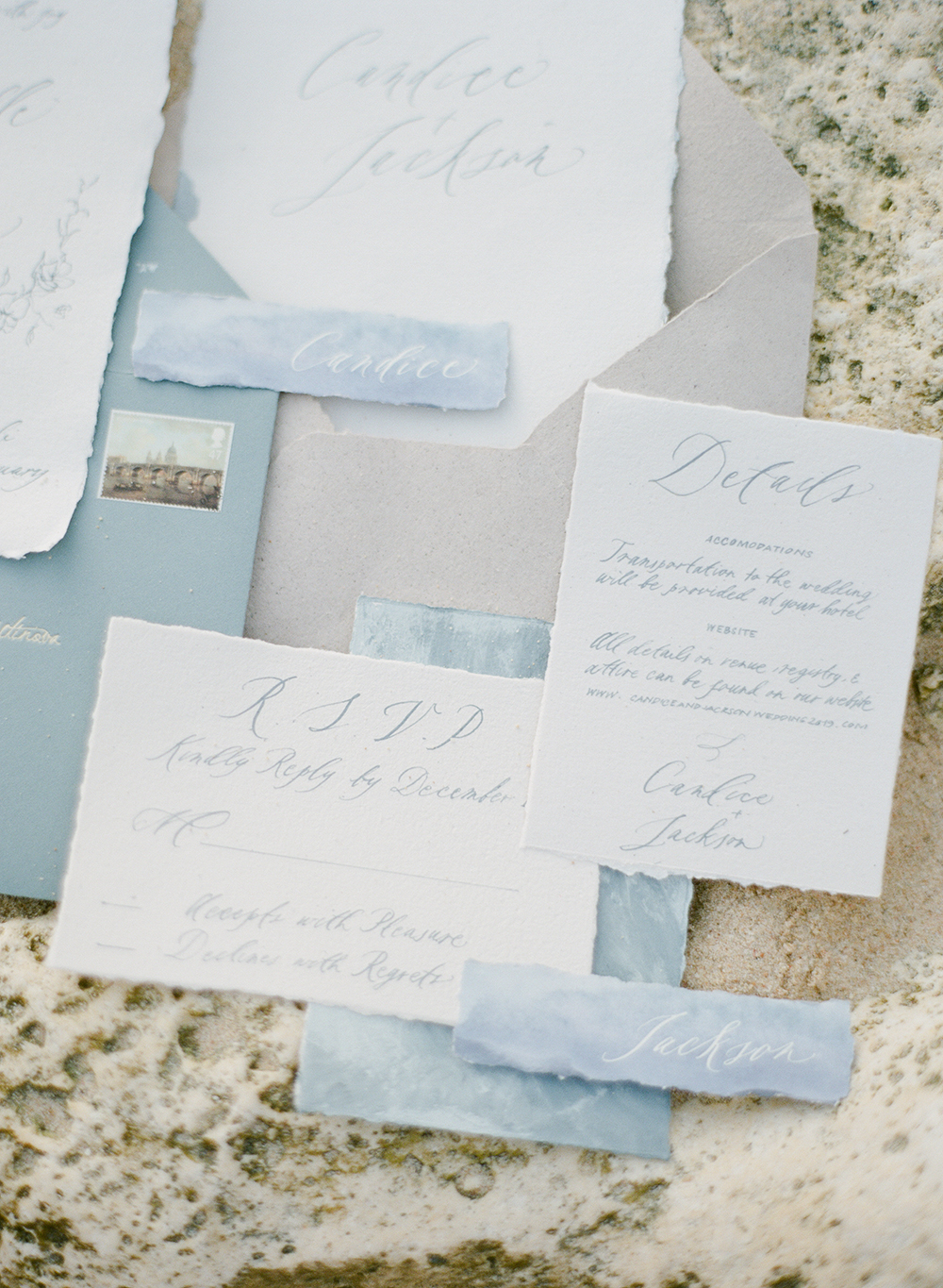 blue and white invitations, stationery, flatlay