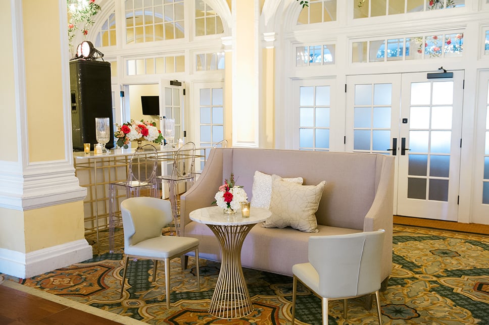 hotel wedding, guest lounge, decor inspiration