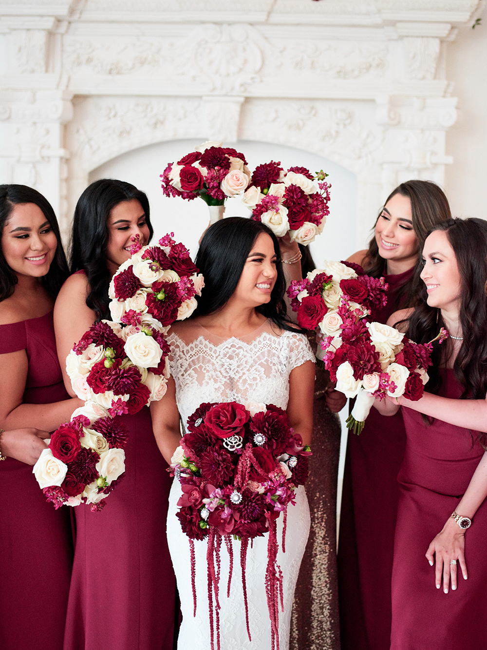 bridesmaids, bouquet, photography, plants, Burgundy, Ivory, gold, wedding