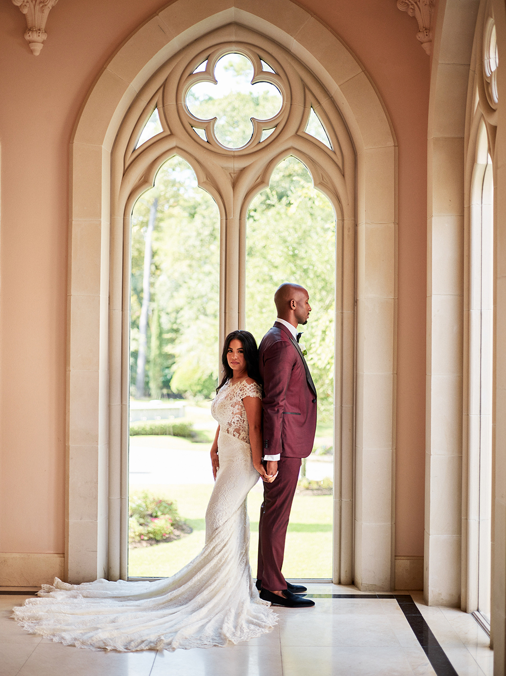 couple, first look, arch, photography, houston, tx, Burgundy, Ivory, gold, wedding