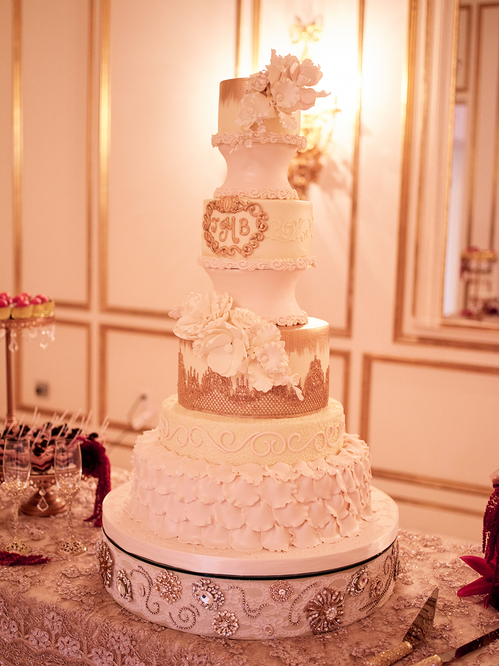 cake, cakes by gina, tower, Burgundy, Ivory, gold, wedding