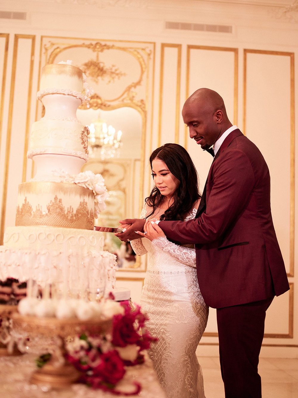 couple, cake, cake cutting, tower, reception, Burgundy, Ivory, gold, wedding