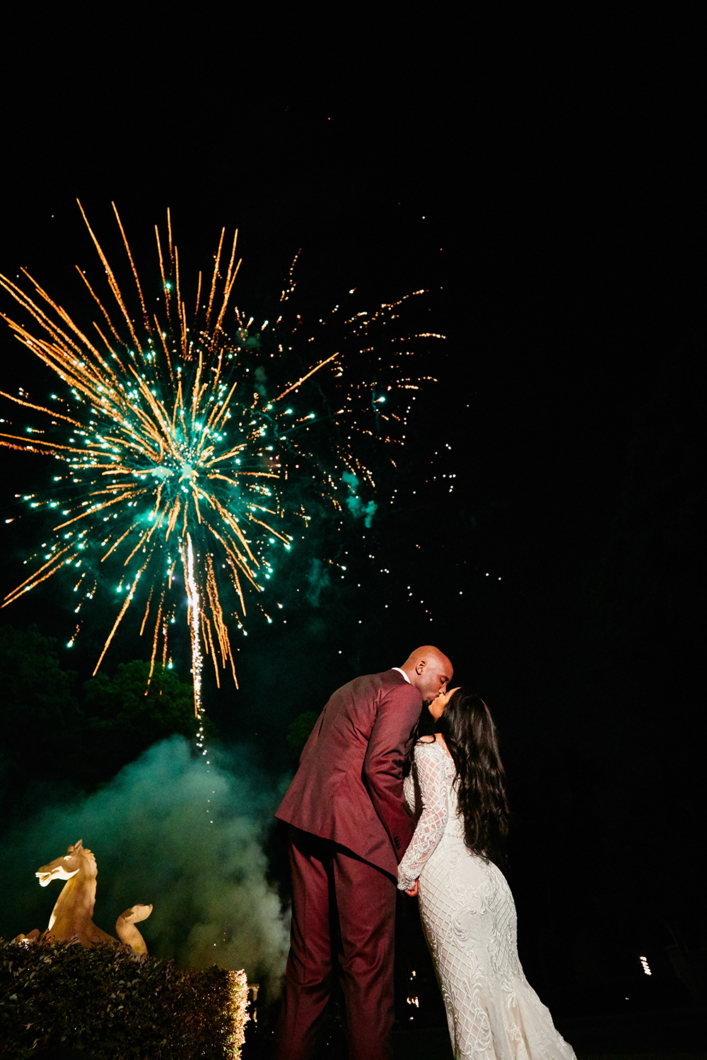 fireworks, kiss, last dance, Burgundy, Ivory, gold, wedding