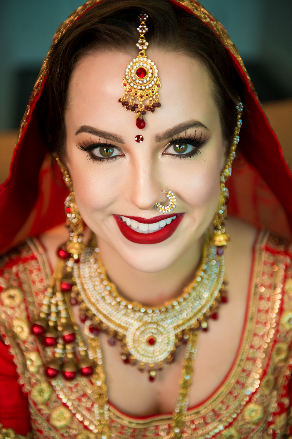 wedding hair and makeup, south asian fusion, red lips, houston wedding, bridal beauty