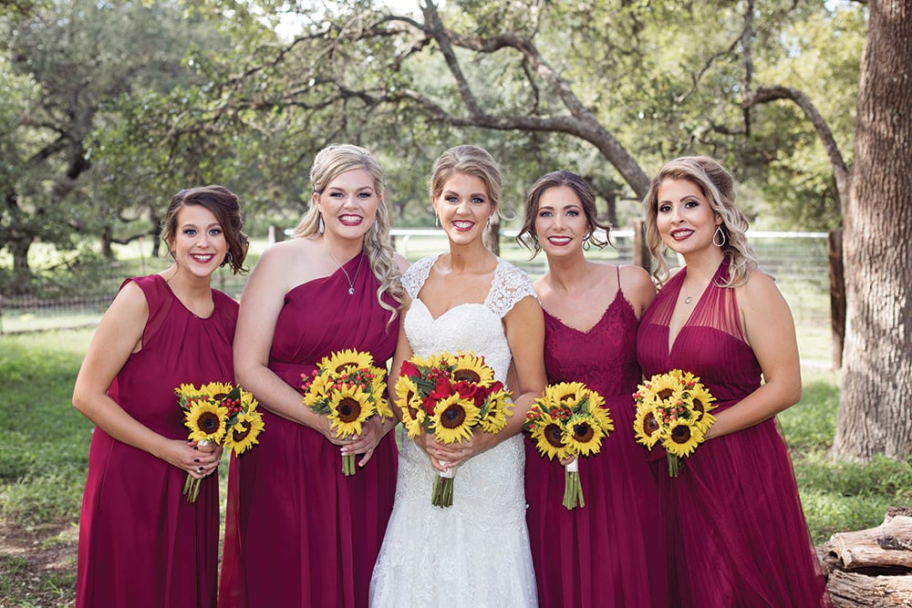 maroon bridesmaids dresses - sunflower bouquet 