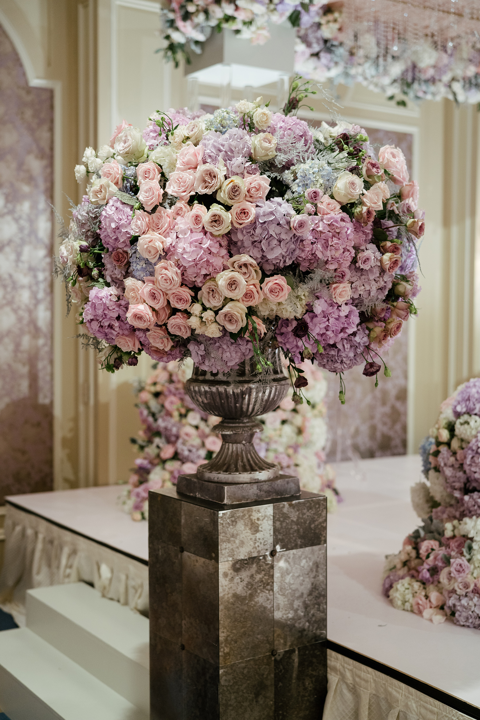 Purple Floral Centerpiece, Pink, Pewter Vase, Todd Events, Hotel Wedding