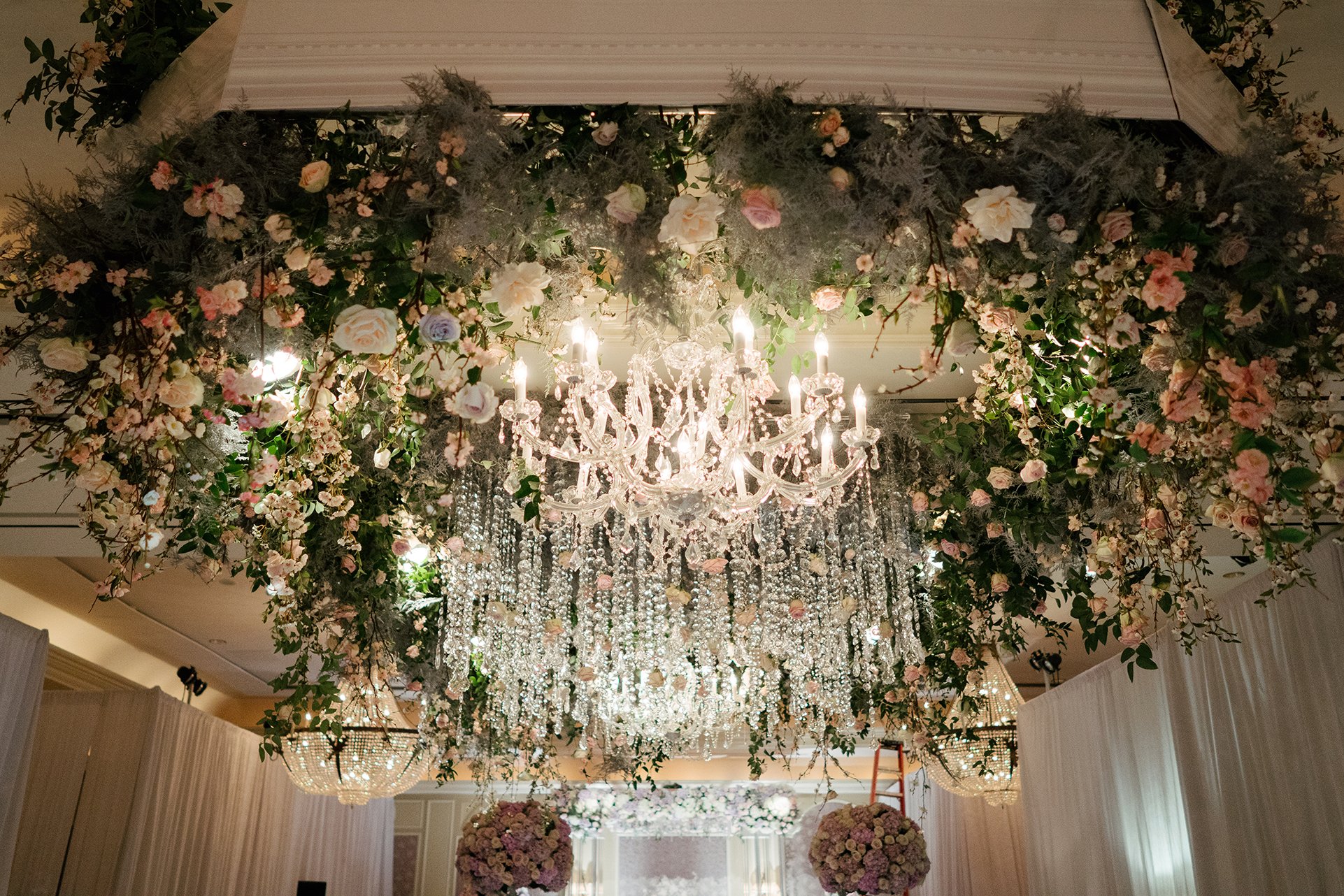 Wedding Decor, Floral Ceiling Treatment, Todd Events, Hotel Wedding, Houstonian Hotel, Chandelier