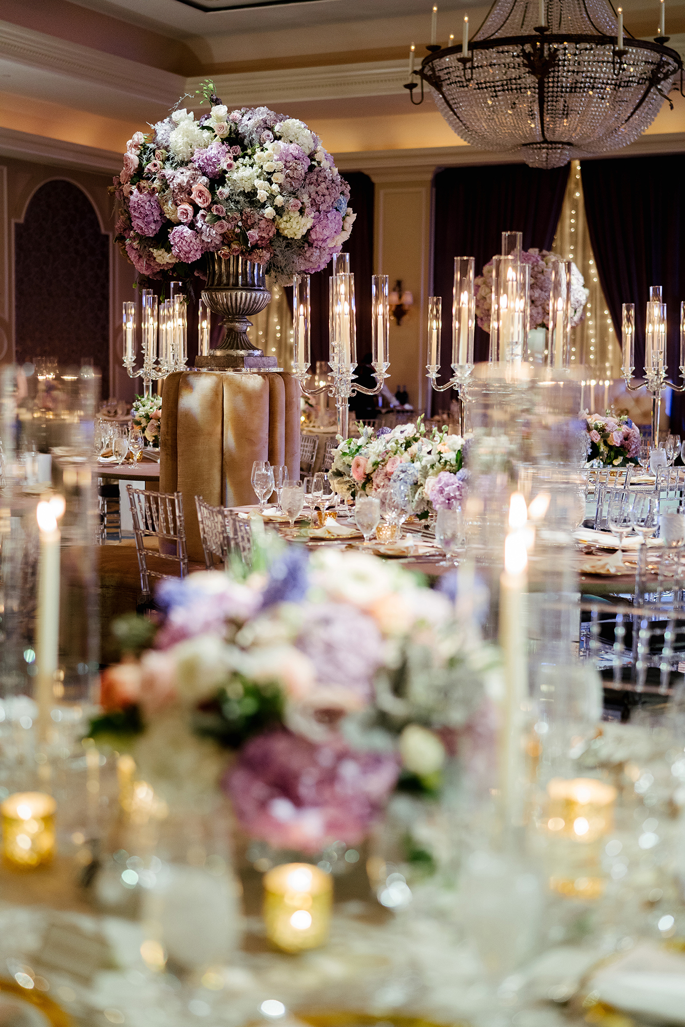 reception decor, wedding inspiration, purple and pink, floral centerpiece, tablescape, candles