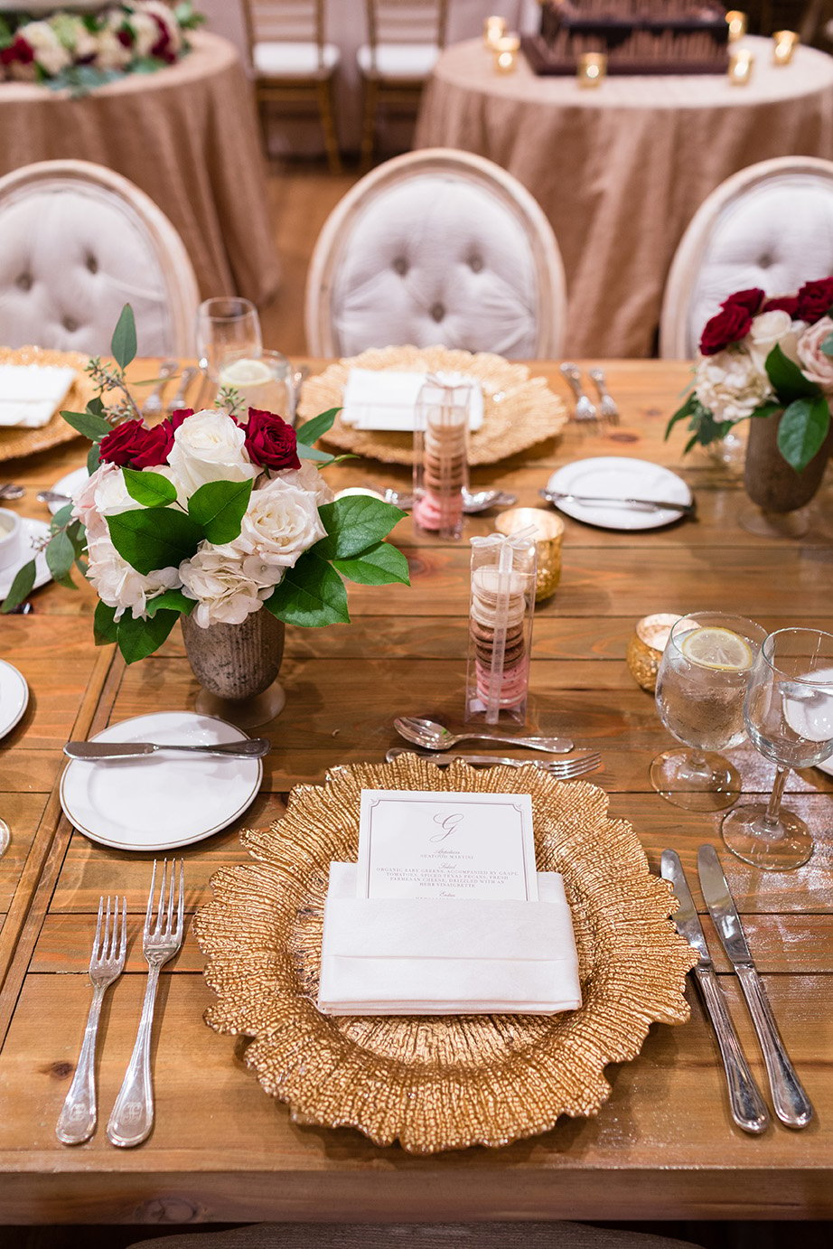 Houston wedding, reception decor, wedding inspiration, gold, wine, place setting