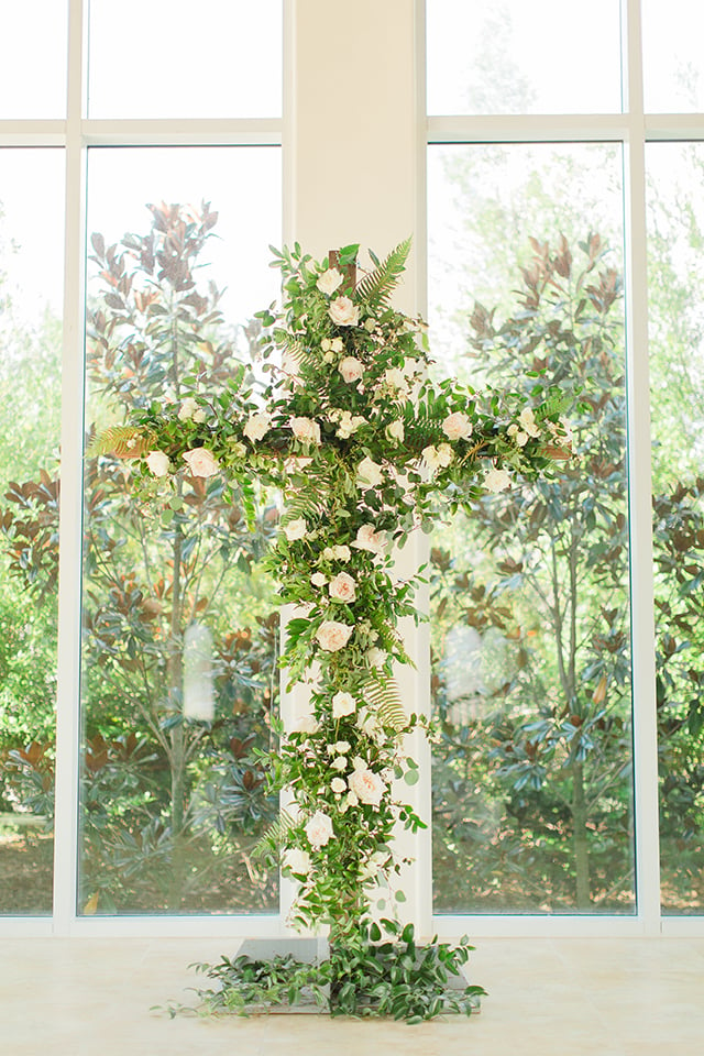 houston wedding, chapel, ceremony decor, floral cross