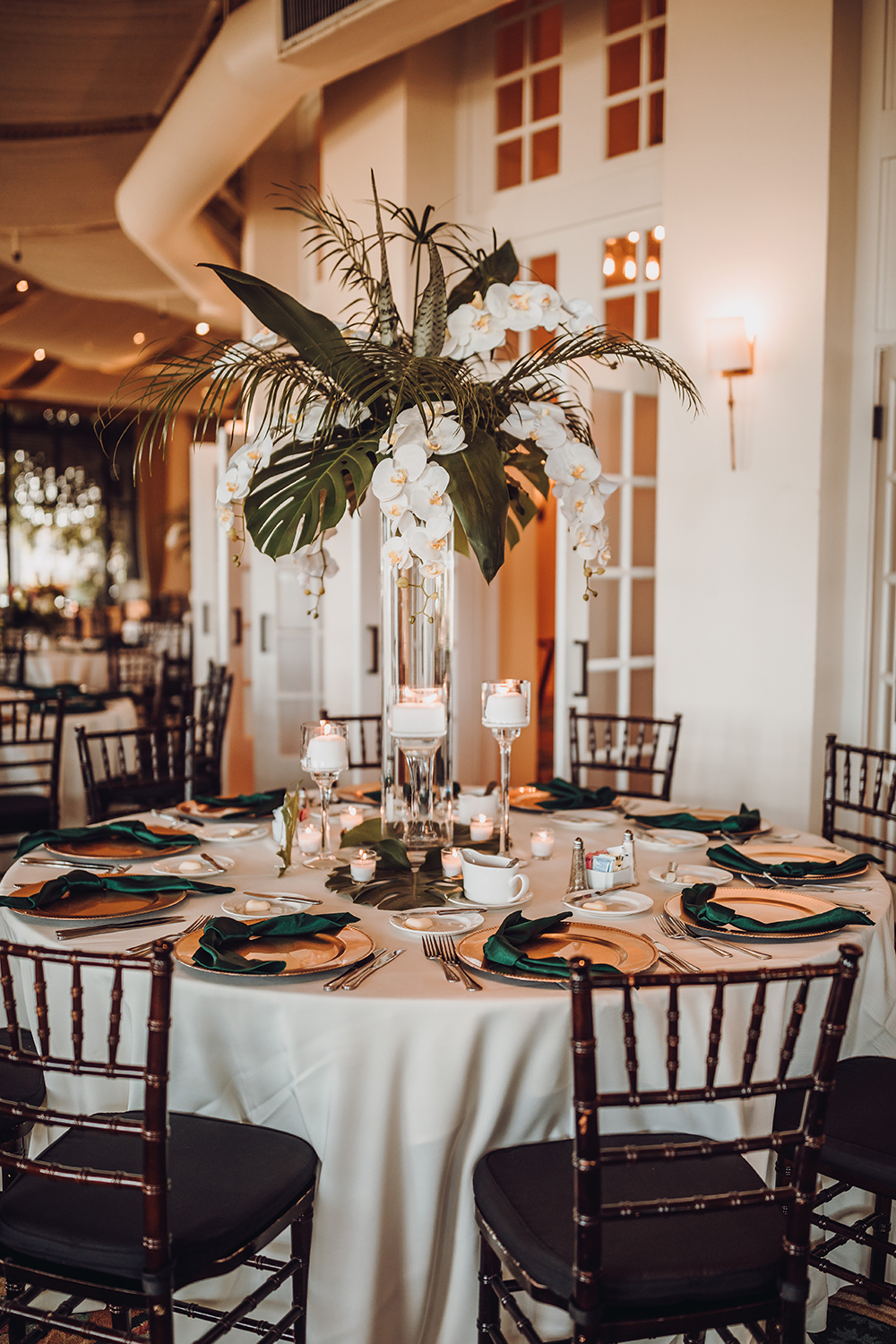wedding reception decor - tropical foliage - centerpiece