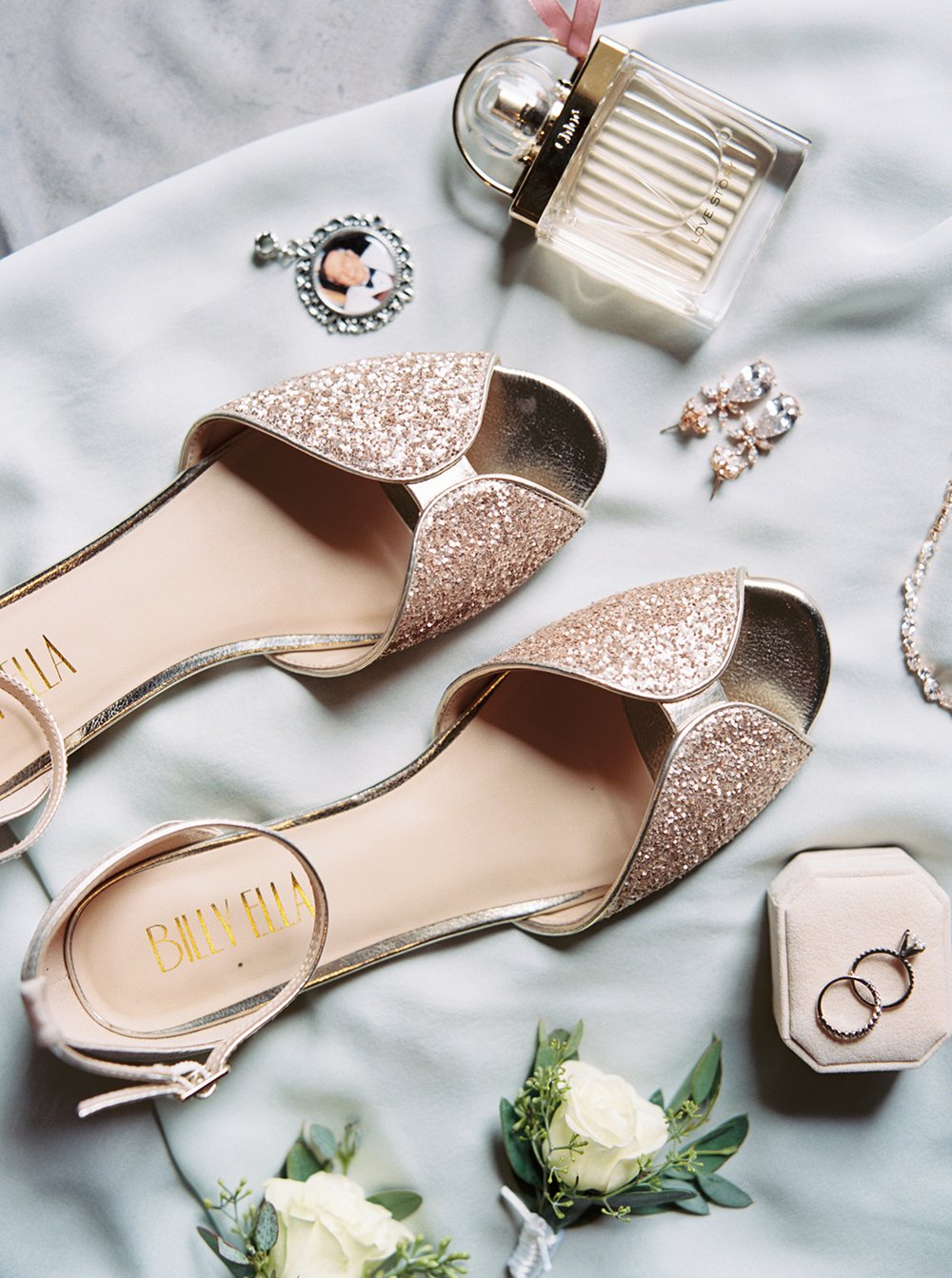 bridal accessories - shoes - jewelry - flatlay