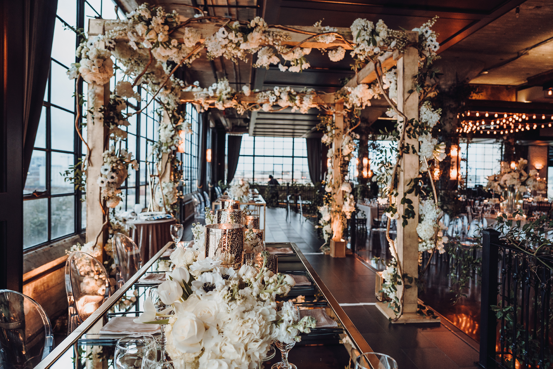 Houston Wedding, Reception Decor, Floral Canopy, White Florals