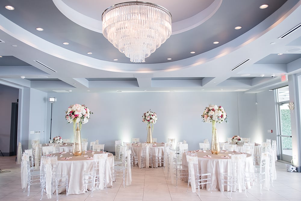 waters edge wedding reception, chandelier, ballroom wedding