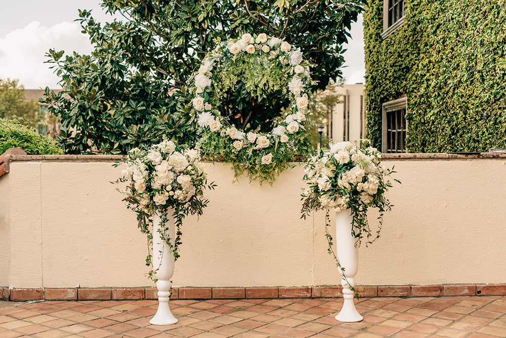 altar, dream bouquet, houston florist, green and white, flowers, floral hoop, wedding, decor