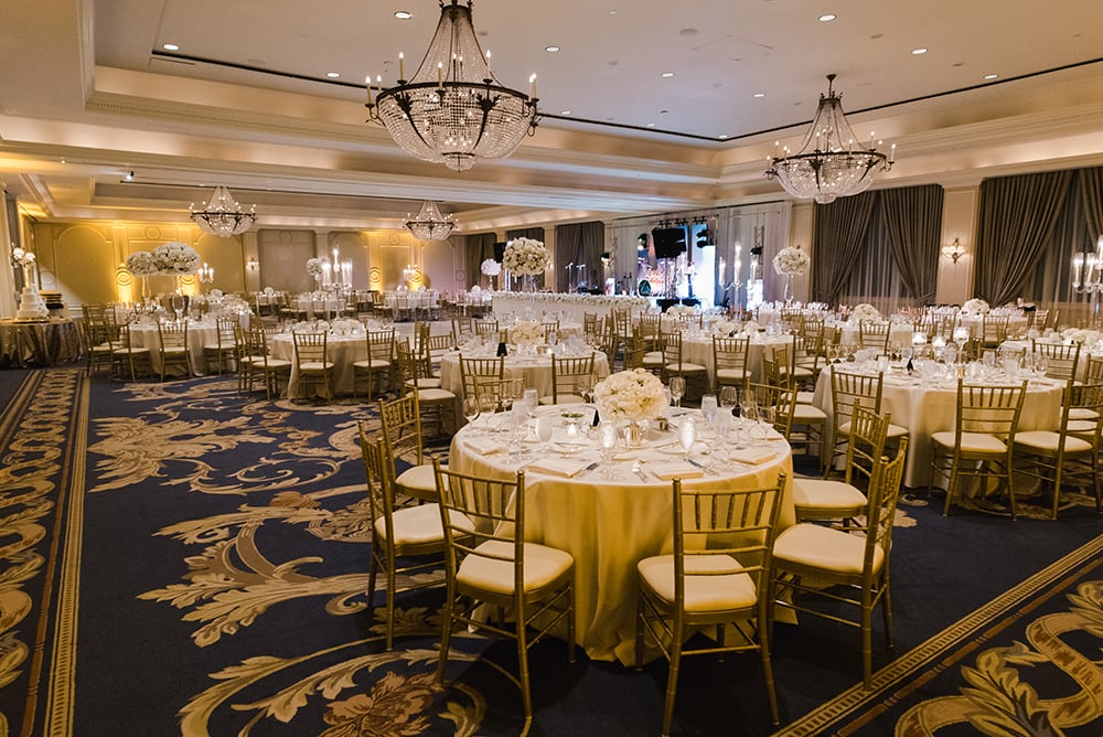 houston ballroom wedding reception - white and gold linens and flowers