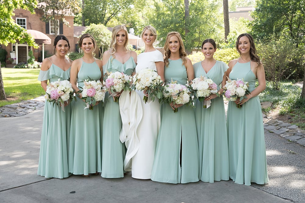 Houstonian Hotel, bridesmaids, bella, light, blue, green, portraits, fashion, color, theme, bouquet