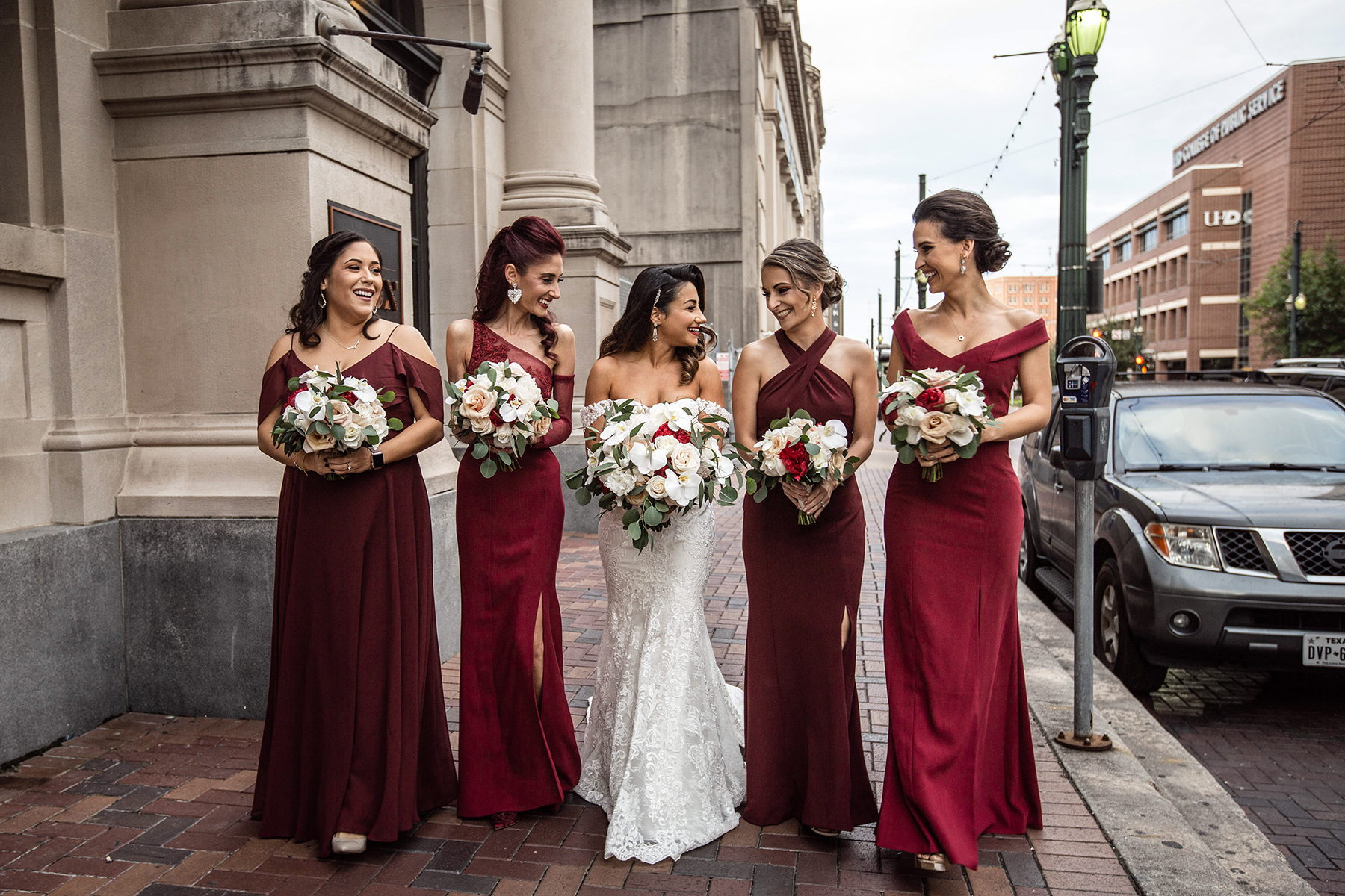 red bridesmaids off the shoulder dresses