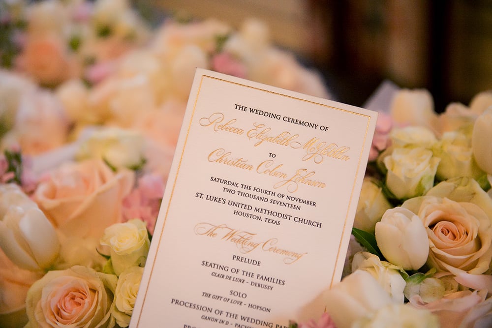 gold white wedding invitations on yellow, blush roses
