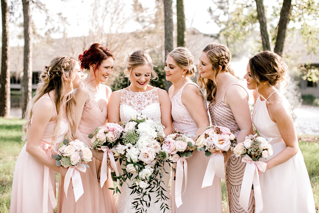 houston, texas, country club wedding, Blush, gold, The Woodlands, lace, bridesmaids, Cakes by Gina, 