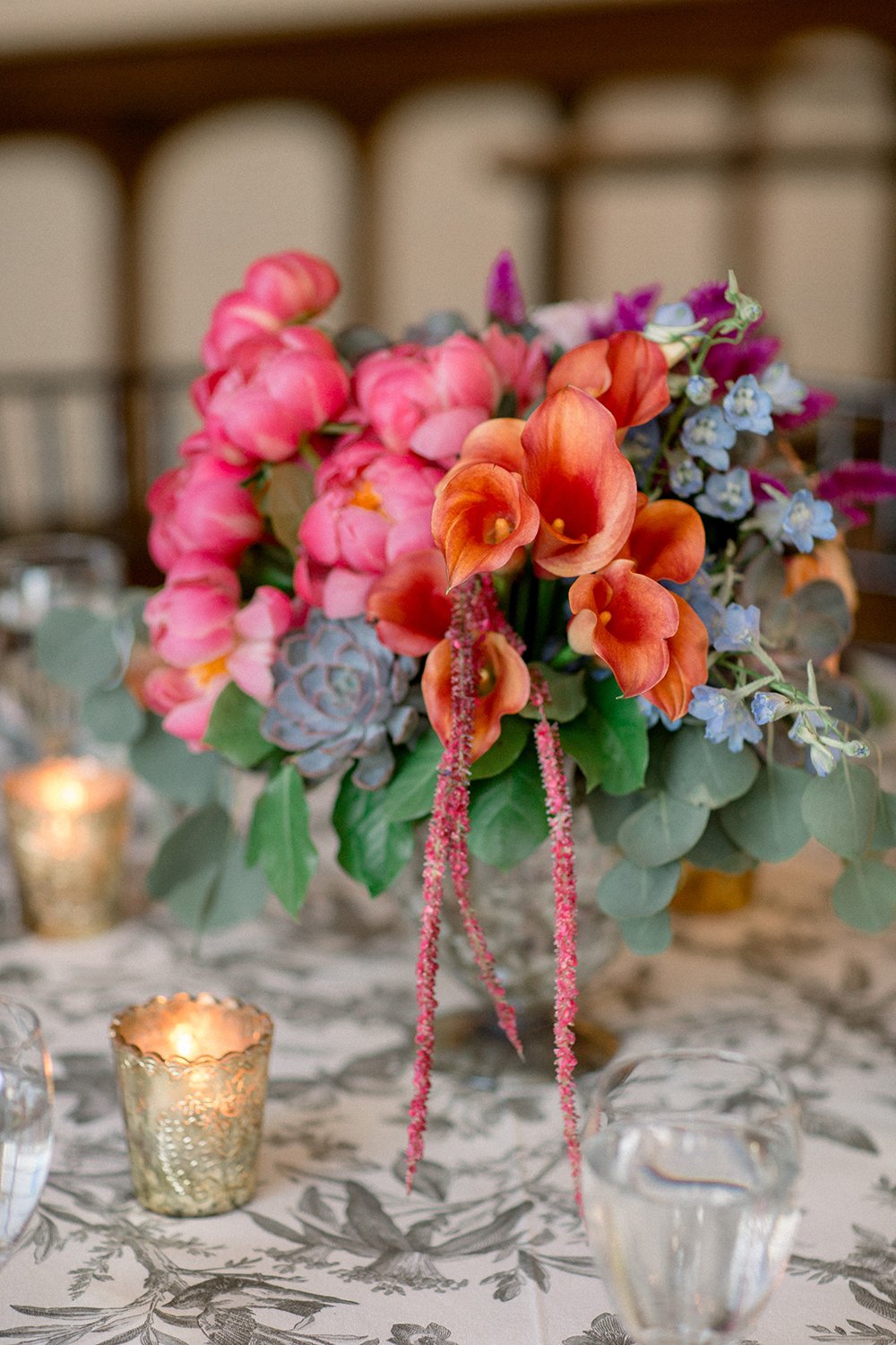 blue orange pink reception decor and flowers