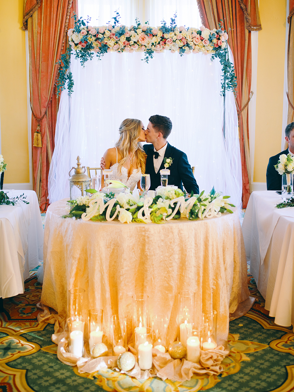his & her table - wedding photography - white roses - greenery