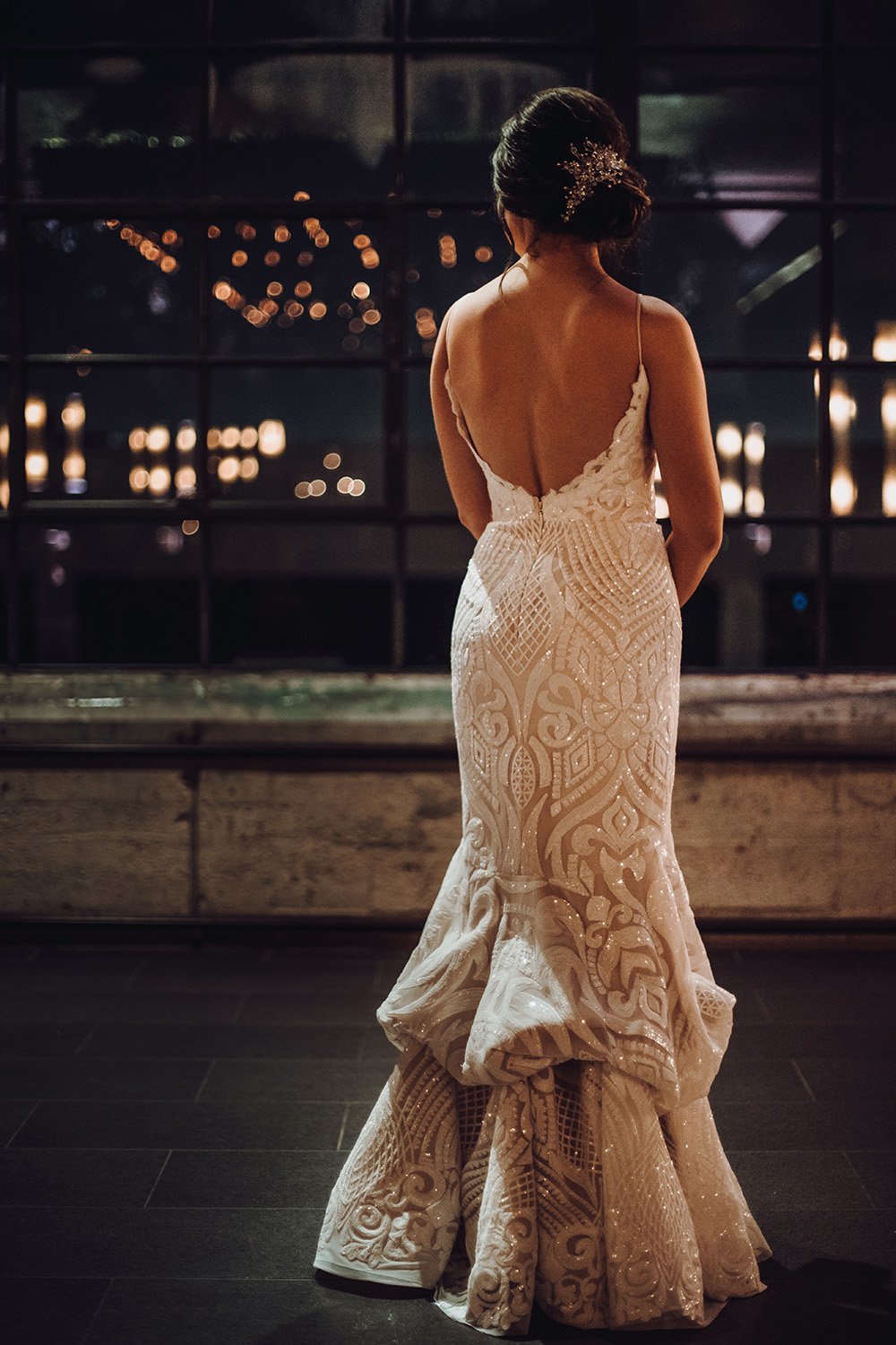 wedding gown details, intricate back