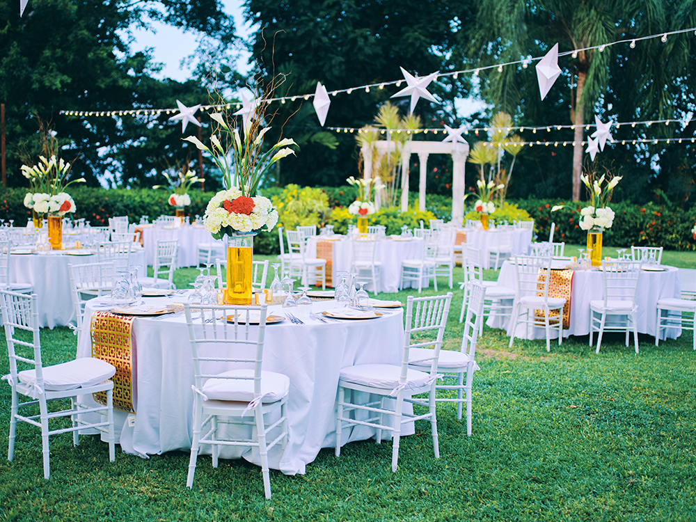 wedding reception decor - outdoors - red - gold - white