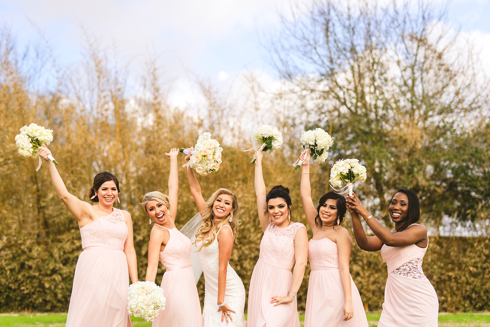 houston wedding, bridal party, bridesmaids, pink dresses