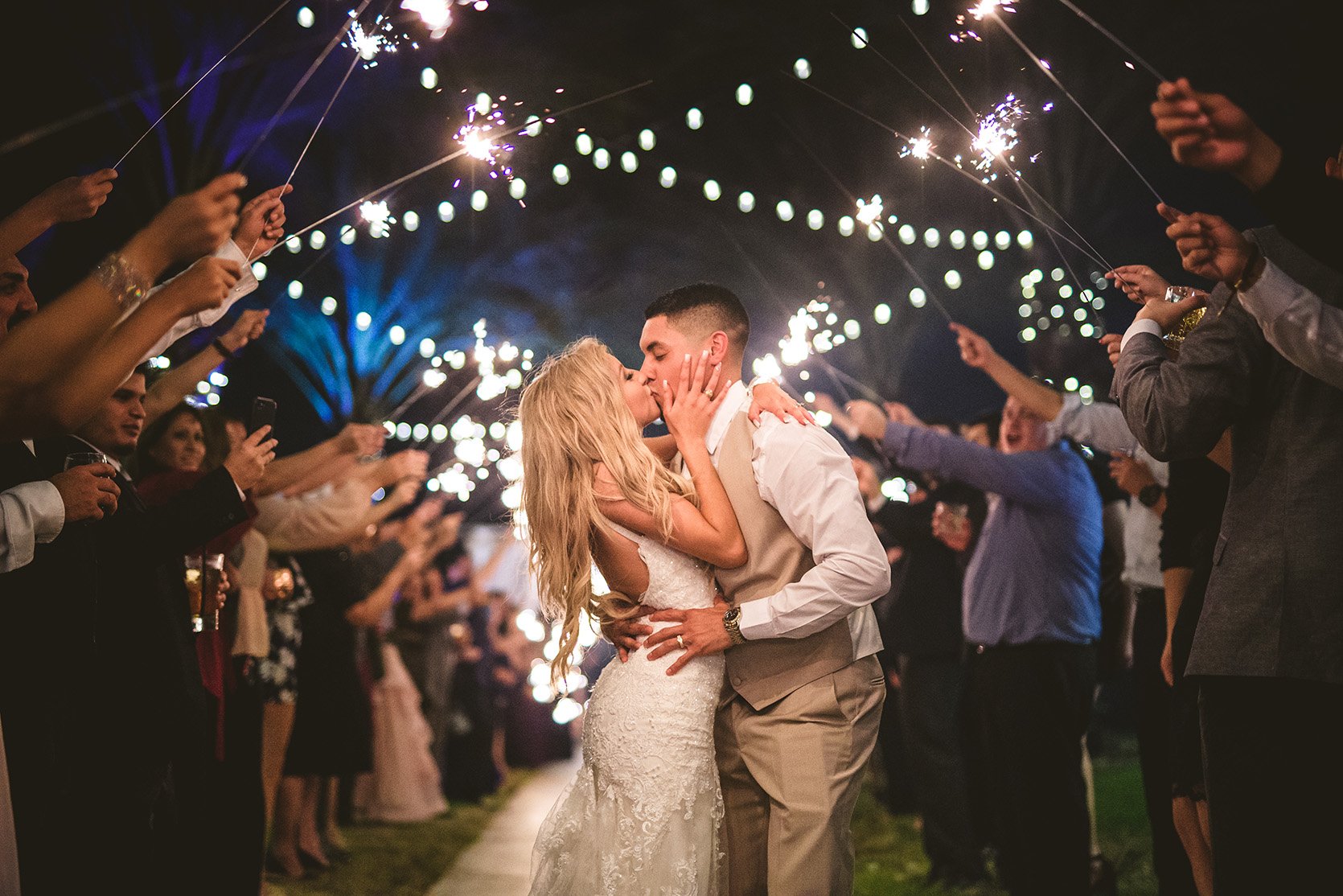 houston wedding, couple exit, sparklers, string lights