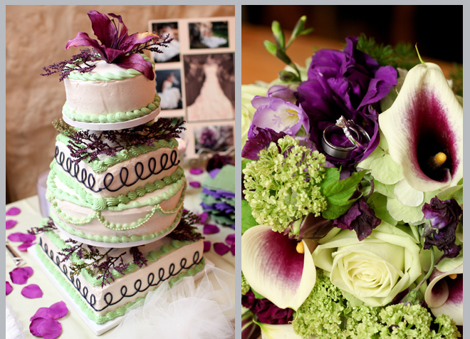 Wedding Cake and Bouquet with Wedding Rings by Pedigo Photography