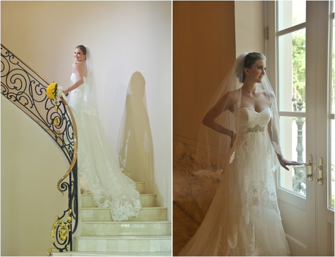 bridal portraits on stairs and by window