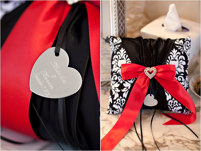 Black, red and white ring pillow