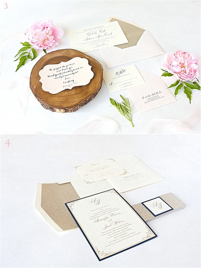 Rustic Ivory and Pink Wedding Invitations and Black with Gold Glitter Wedding Invitiations