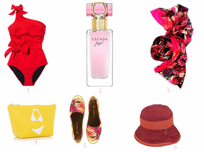 Red-Swimsuit-Red-Hat-and-Floral-Slip-ons-Floral-Scarf-with-Fresh-Perfume