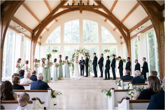 ashton gardens wedding chapel ceremony bride groom bridal party beamed ceiling forest views 