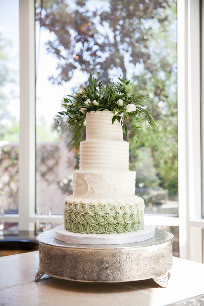 white green wedding cake fresh flower greenery topper