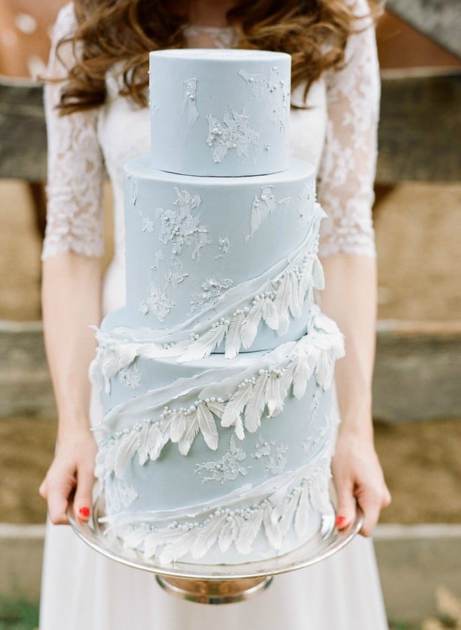 Blue White Feathered Three-Tiered Cake