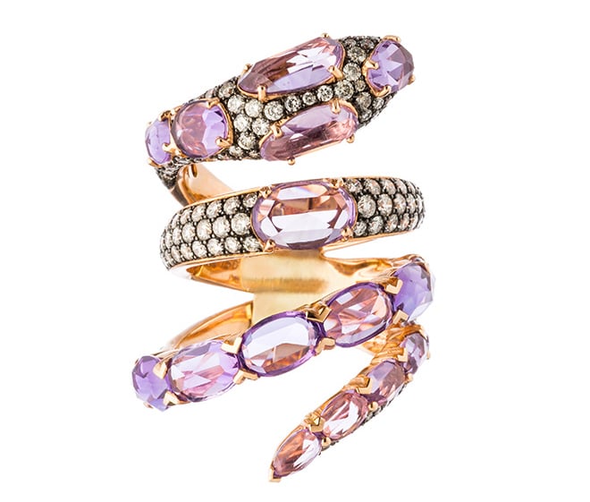 bridal jewelry, designer jewels, stacked rings, wedding bands, engagement rings, amethyst, purple gemstone, snake wrap ring, gold