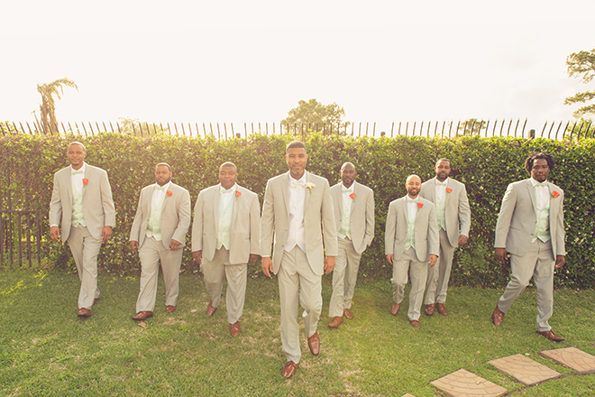 Houston, Real Wedding, Newlywed, Black Couple, The Breakfast Klub, The Gallery, Outdoor Wedding Ceremony, Mint, Orange, and Pink, Gray Suits Jumping the Broom, KC Events & Florals, Cafe Natalie, Any Occasion Rentals, Groomsmen