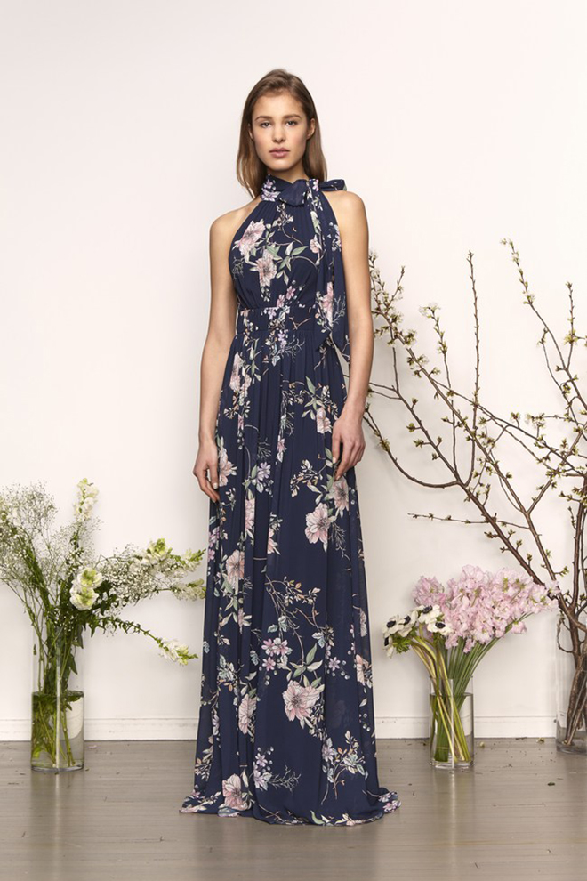 monique lhuillier floral print halter bridesmaid dress navy blush