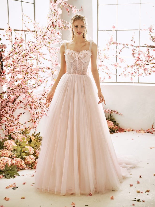 blush, corset, tulle, floral, spring, bridal gown, whimsical, unique