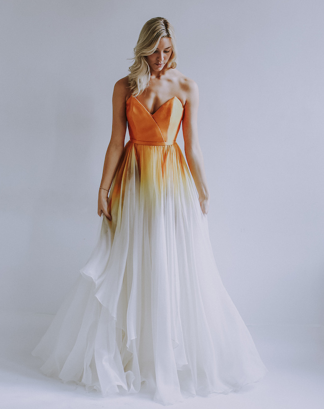 strapless, bridal gown, non traditional, gold, orange, ombre, tulle