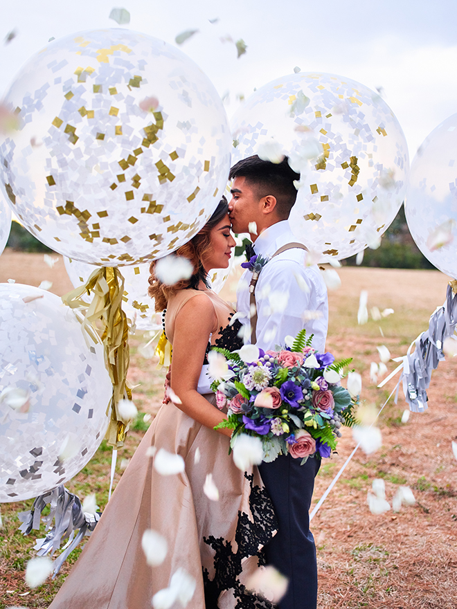 purple gold styled shoot wedding texas balloons outdoor rustic succulents watercolor cake