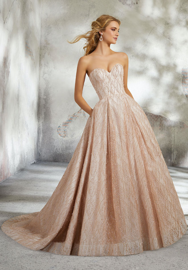 rose gold, bridal gown, strapless, ballgown, madeline gardner, morilee