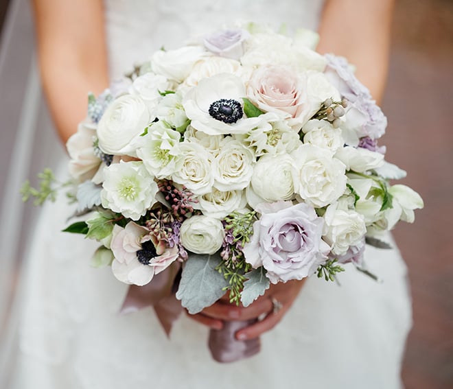 bridal bouquet purple white black anemones roses hand tied todd events, bridal bouquets