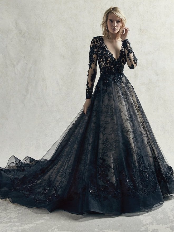 black, wedding dress, bridal gown, long sleeved, plunging neckline, lace, colored, non traditional