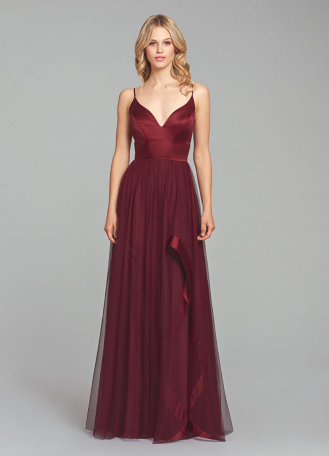 V-neck, bridesmaid dress straps plunge formal red crimson scarlet burgundy