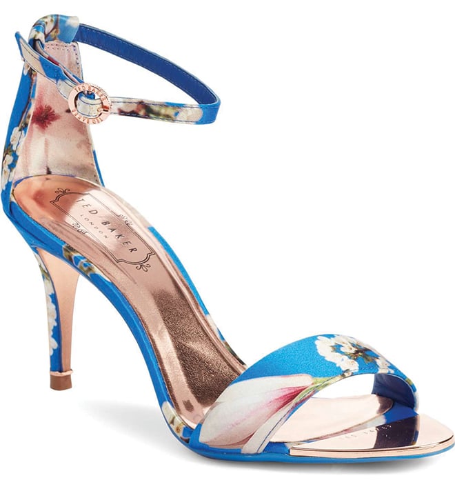 designer bridal heels floral print sandals spring summer wedding attire bridal fashion Ted Baker blue anke strap sandal floral wedding shoes
