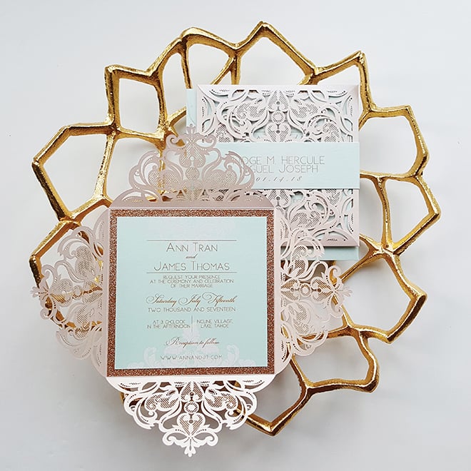 custom wedding invitations blue and blush laser-cut wedding invitation suite